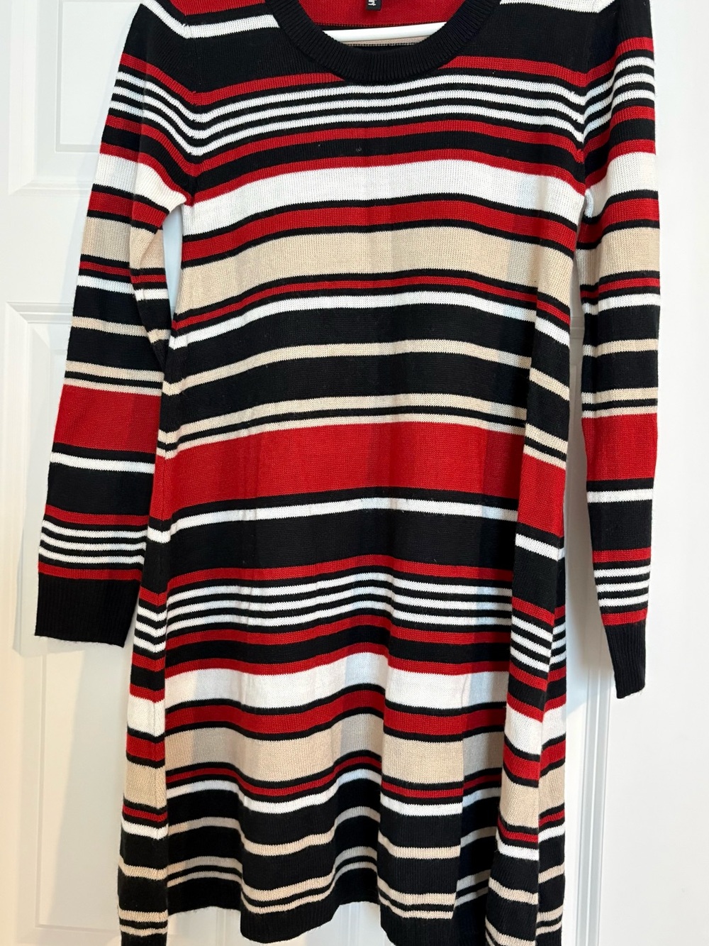 Striped Long-Sleeve Tunic Dress in Red, Black & Cream